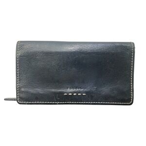 Fossil Black Genuine Leather Slim Bifold Wallet Checkbook Cover Clutch Womens